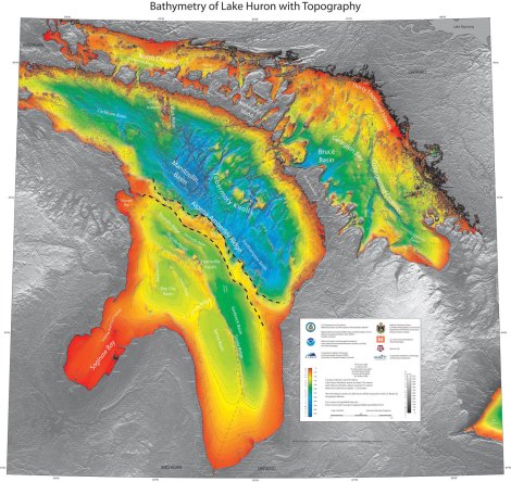 This gorgeous bathymetric map of Lake Huron clearly shows the Alpena-Amberley Ridge, which once connected Michigan with Canada. Evidence of ancient hunting sites have been found in the now-submerged ridge. Map by NOAA GLERL